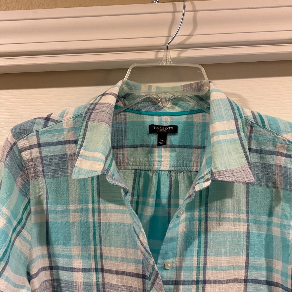 Talbots Petites Light Teal Plaid Button-Up Shirt size LP like new - Picture 2 of 5